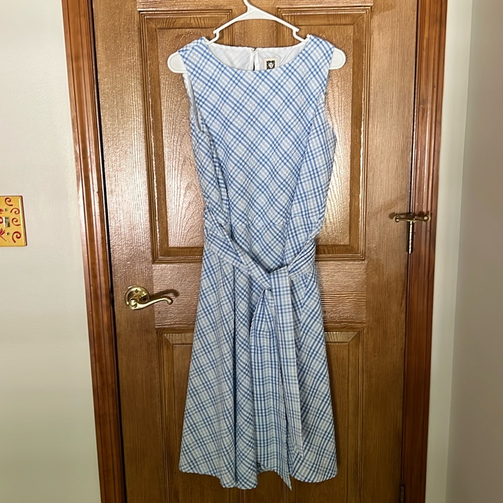 Blue and white sleeveless sundress